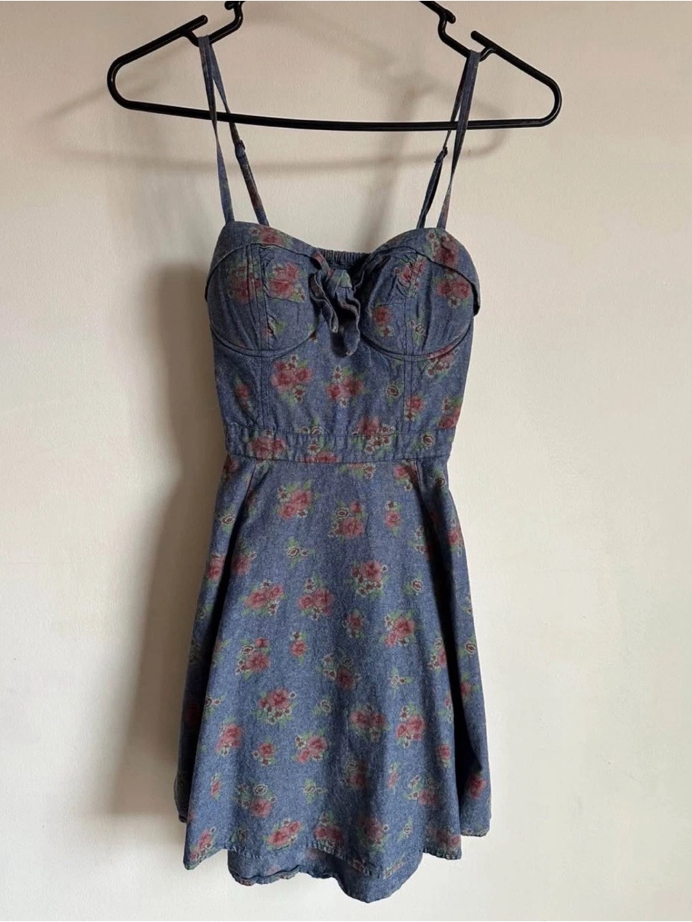 Jessica Simpson Blue Denim Floral Tie-Front Mini Dress Chambray Bustier Womens S